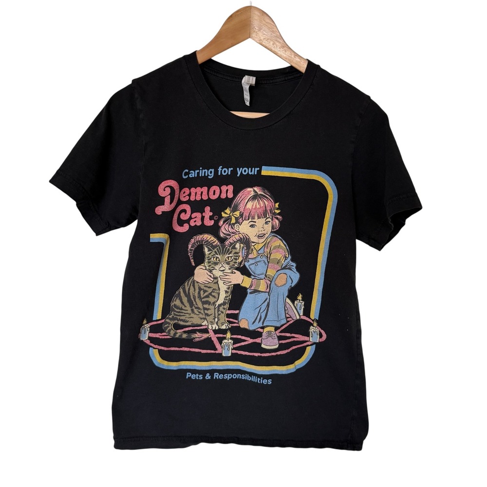 Bella Canvas Womens Black Graphic T Shirt Caring for your‎ Demon Cat Size S
